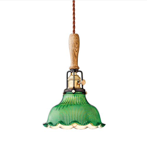 Vintage industrial pendant lighting with decorative wooden and glass elements.