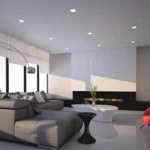 Modern living room with square spotlights on the ceiling