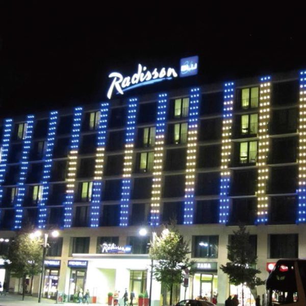 Radisson hotel facsde illuminated with pixel lights